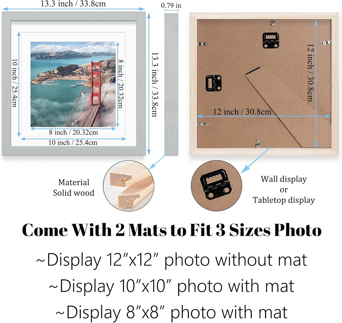12x12 Wood Picture Frames for Wall Hanging or Tabletop,Diamond Painting Frame Baby Scan Picture Frames with 2 Mats Display 8x8 or 10x10 for Family Walls Decoration,Anniversary,Wedding,Christmas(Gray)