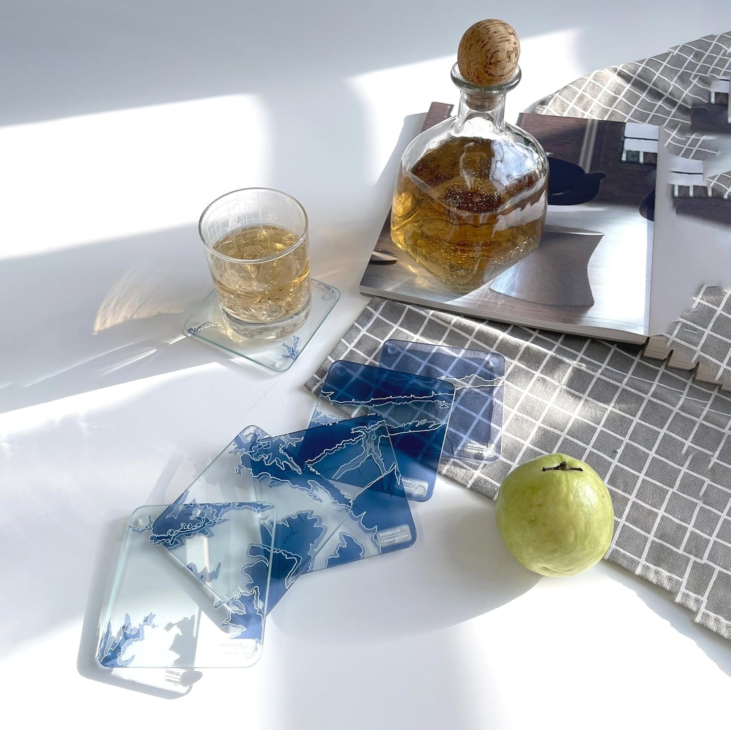 Innsbruck, Austria 3D Contour Map Glass Drink Coasters of Mountains, Ski Resort, Set of 6 with Holder, Housewarming Birthday Gifts, Home Decor