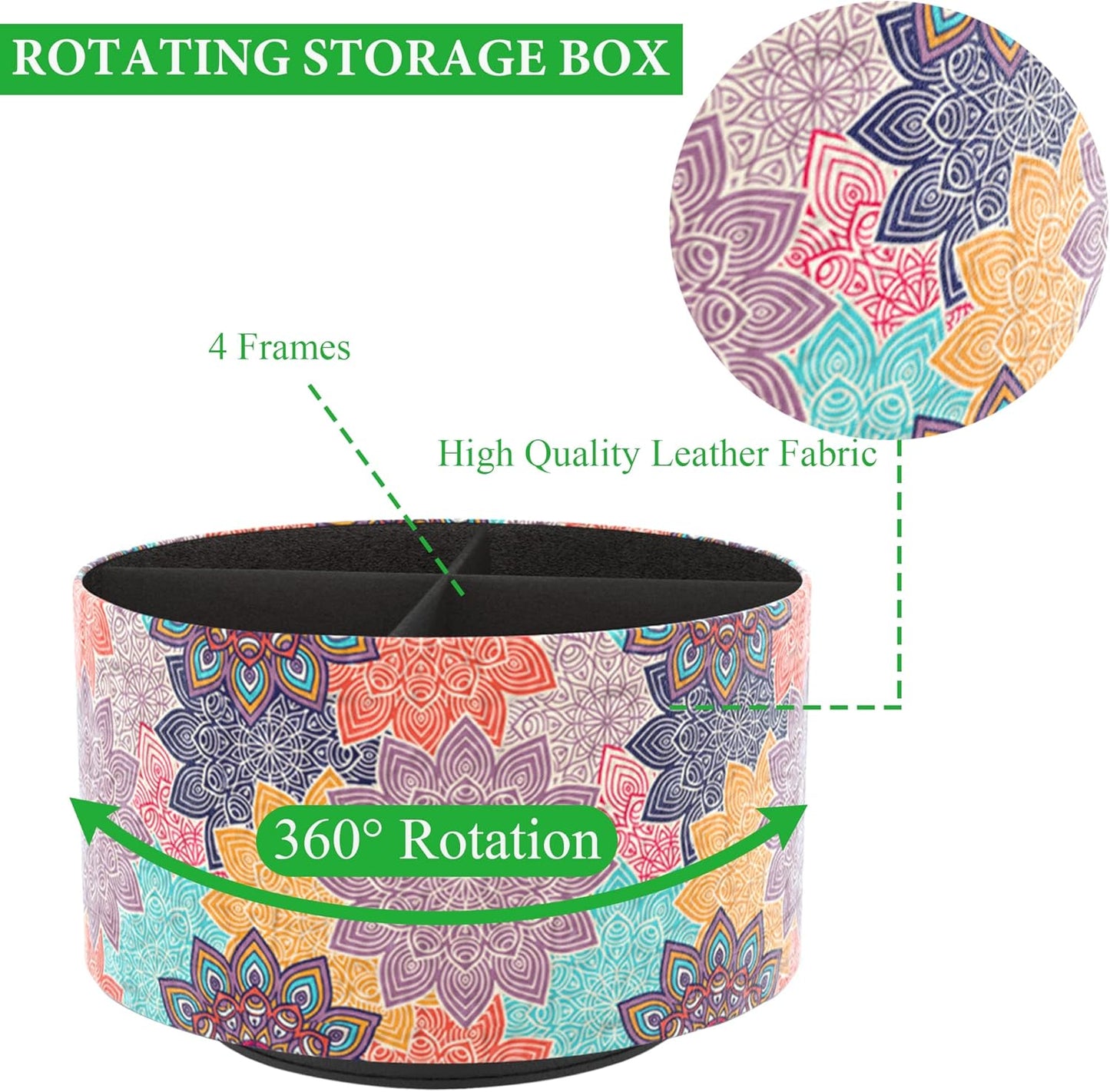 Hennaja Round Leather Art Supply Organizer,Remote Control Holder,360 Degree Rotating,Multi-Functional Pencil Holder,4 Compartments Desktop Stationary Organizer(1-Colorful Flower)