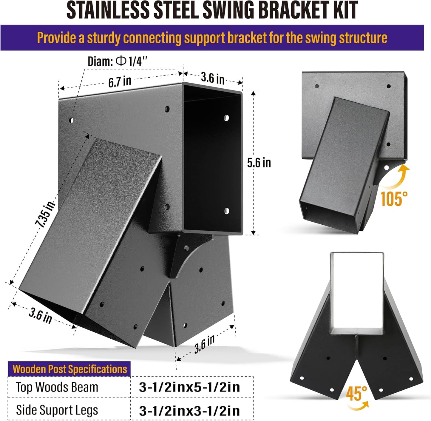 Hulave Stainless Steel Swing Bracket Kit, 4-Pack Swing Set Anchor Leveling Kit Bracket 4"x4"+2pcs A Frame Swing Set Brackets with Mounting Accessories(Black)