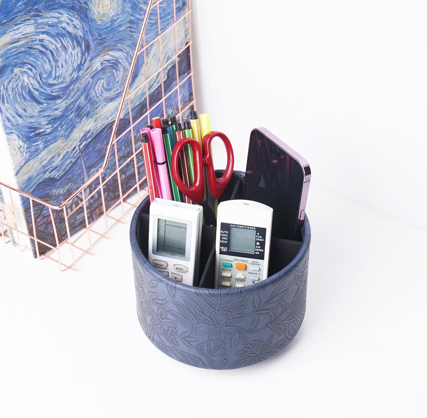 Hennaja Round Leather Art Supply Organizer,Remote Control Holder,360 Degree Spinning,Multi-Functional Pencil Holder,4 Compartments Desktop Stationary Organizer(1-Carved Dark Blue)