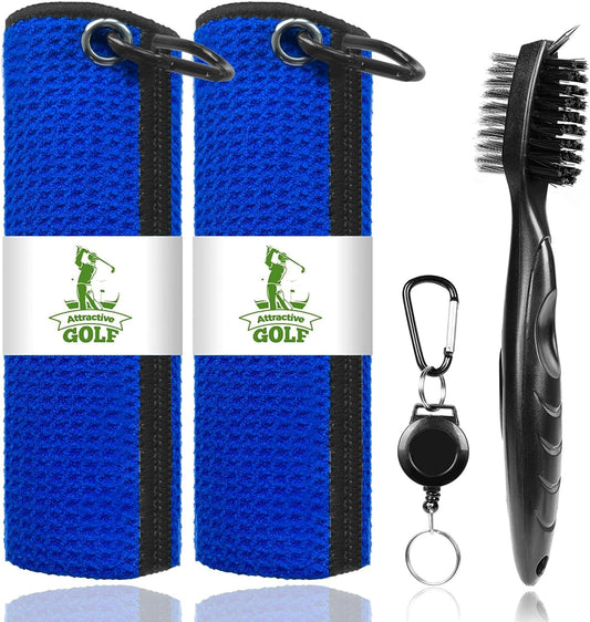 ATTRACTIVE Golf Towels, Microfiber Waffle Pattern Towels - Golf Club Brush with Cleaning (2 Blue Towel+Black Brush)