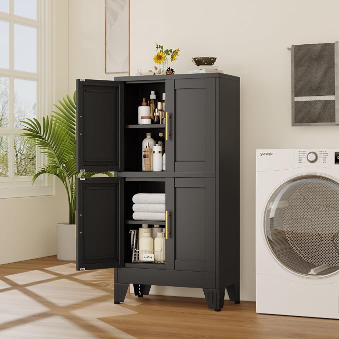 47“H Black Metal Bathroom Storage Cabinet, Kitchen Pantry Cabinet by RISTERN