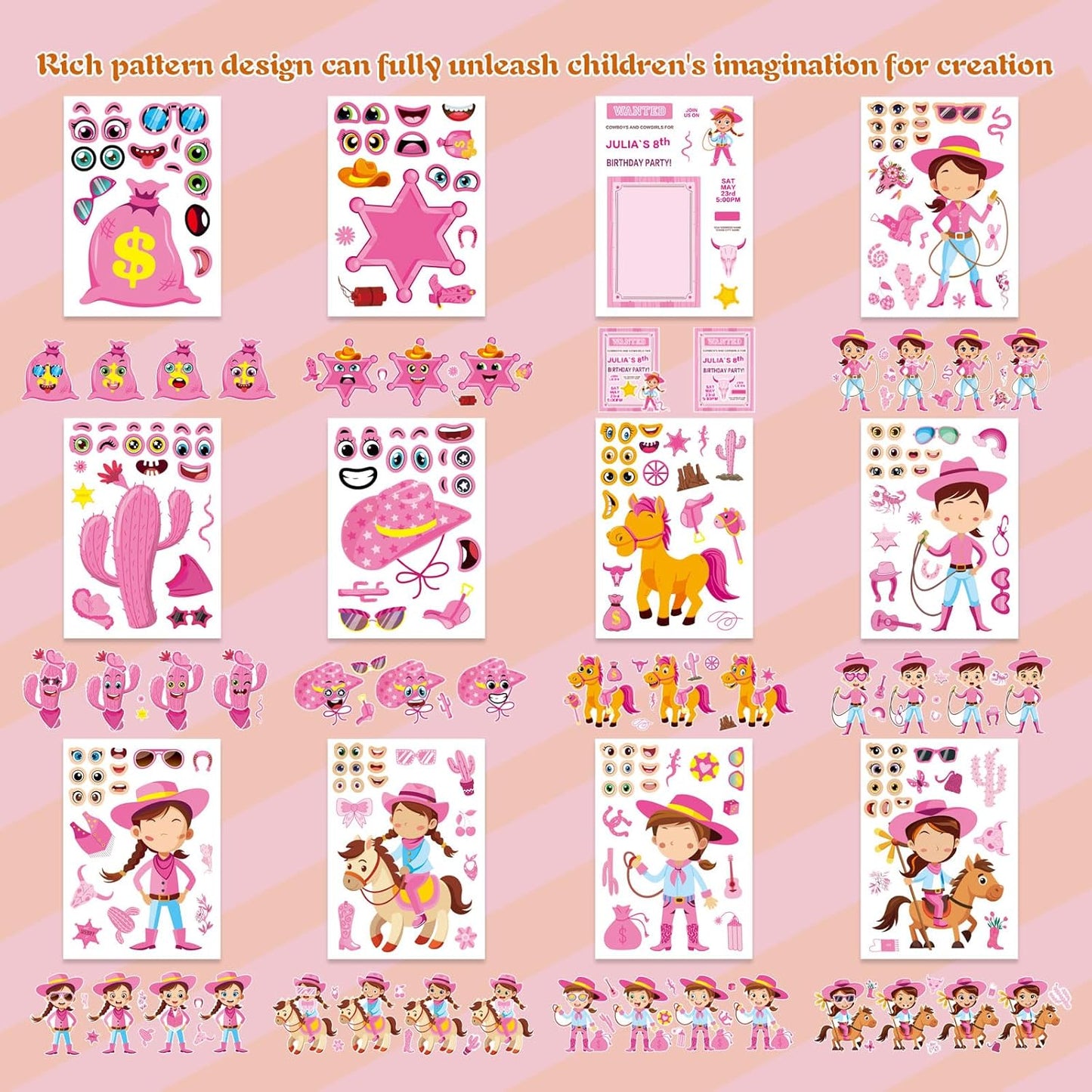 24 Sheets Cowboy Cowgirl Stickers for Kids, Country Western Cowgirl Make a Face Sticker, Make Your Own Stickers Sheets, Pink Cool Theme Art Craft Supplies