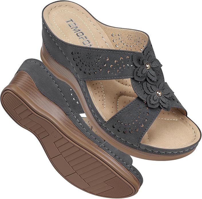 TEMOFON Womens Wedge Sandals Leather: Dressy Sandal, Rubber Sole, Comfortable by Temofon