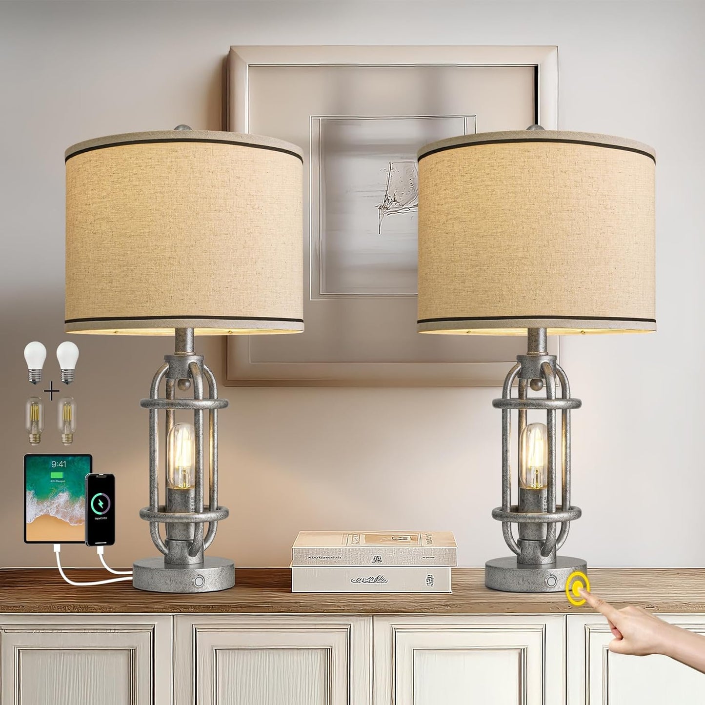 23.75'' Table Lamps Set of 2 for Living Room Bedroom Industrial Farmhouse Metal Touch Lamps with USB A+C Ports, Night Light Vintage Nightstand Bedside Lamp, Bulbs Included, Antique Silver