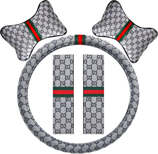 5PCS Steering Wheel Cover, with 2 Headrests, 2 Seat Belt Covers - Universal Fit for 14.5-15" Steering Wheel, Enhances Driving Experience - Perfect for Women (Gray)