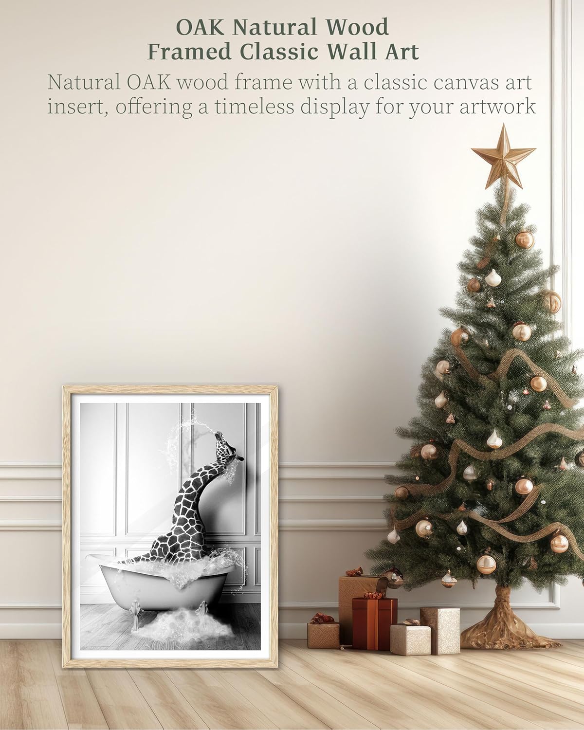 iHery Natural OAK Wood Framed Wall Art, 12x16 in Funny Bathroom Wall Art Decor, Giraffe Bathing Animals Canvas Prints, Black and White Wall Decor Pictures For Bedroom Living Room Set of 1