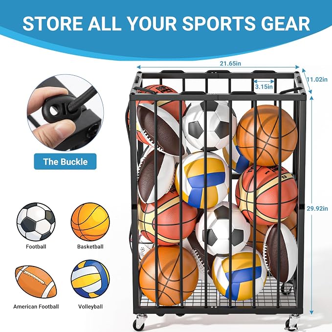 Ball Sports Organizer Storage Cart, Garage Metal Rolling Bin - Image 2