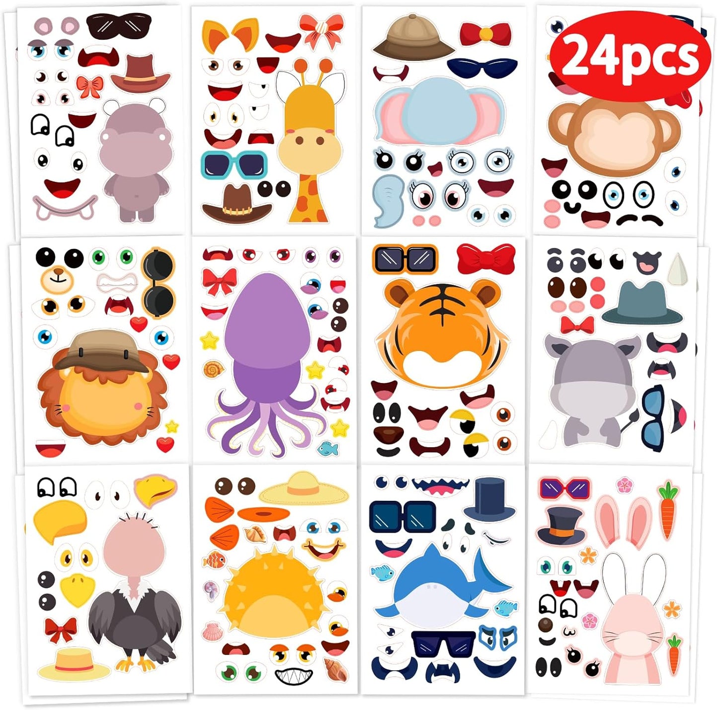 24 Pcs Make Your Own Animal Sticker Sheet, Animal Party Favors Face Stickers for Kids Girls Toddlers Crafts Activities Bags Birthday Party Favors Supplies