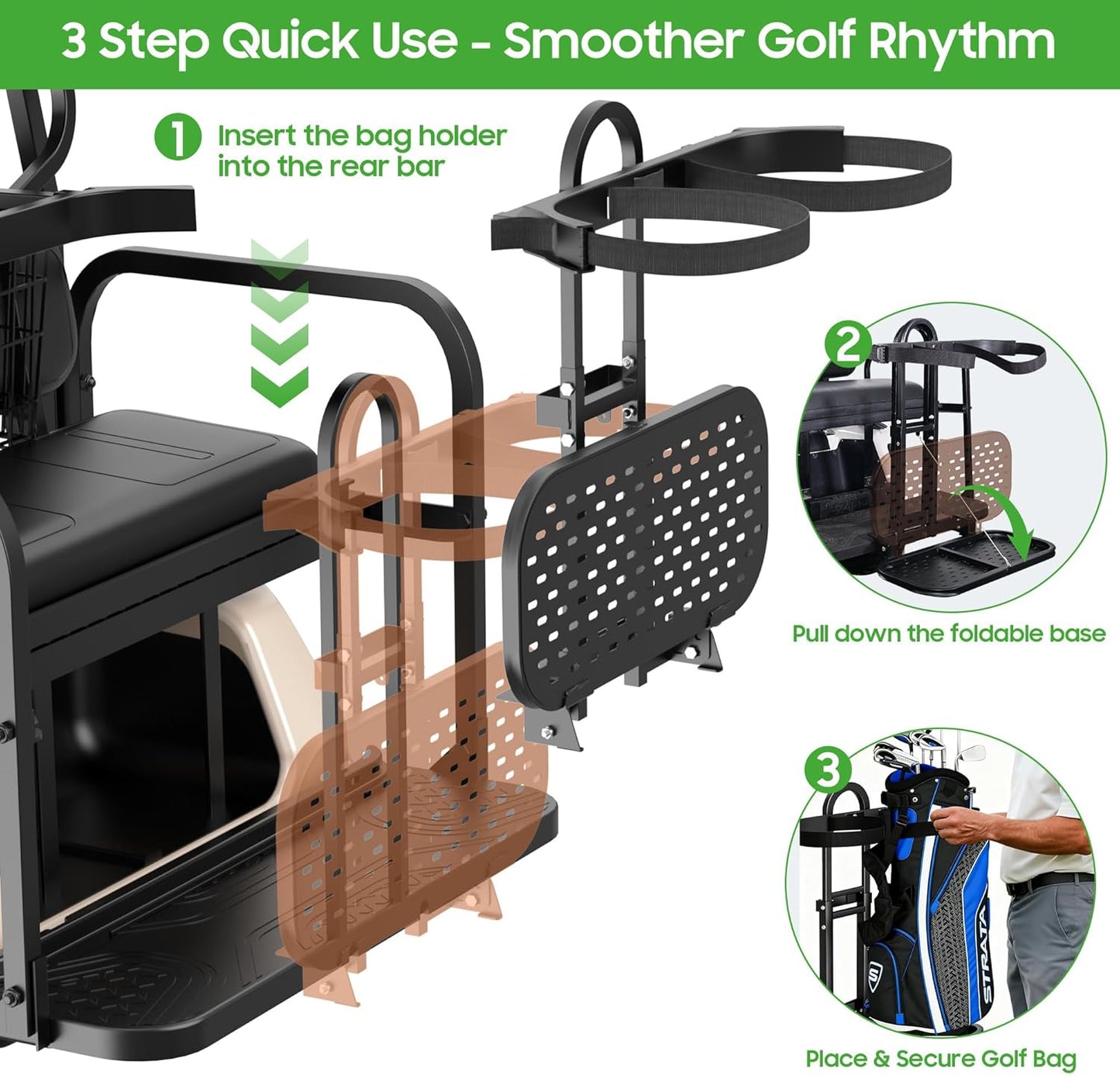 10L0L Universal Golf Cart Bag Holder Rack for EZGO Yamaha Club Car, Foldable Rear Seat Golf Bag Rack Accessory with Adjustable Height and Anti-Shake Design
