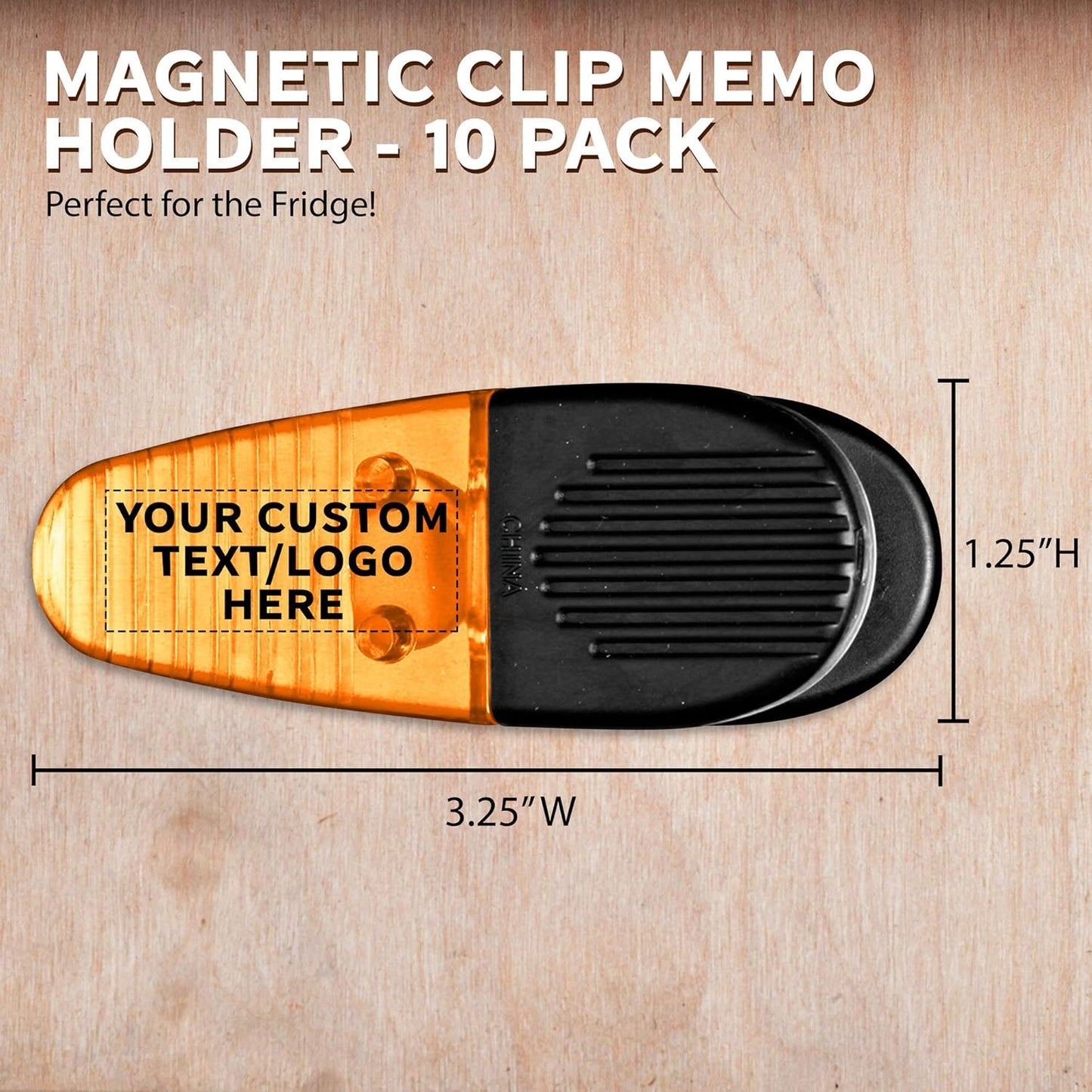 10 Magnetic Memo Holders Set - Customizable Text, Logo - Large Clip, Plastic - Orange