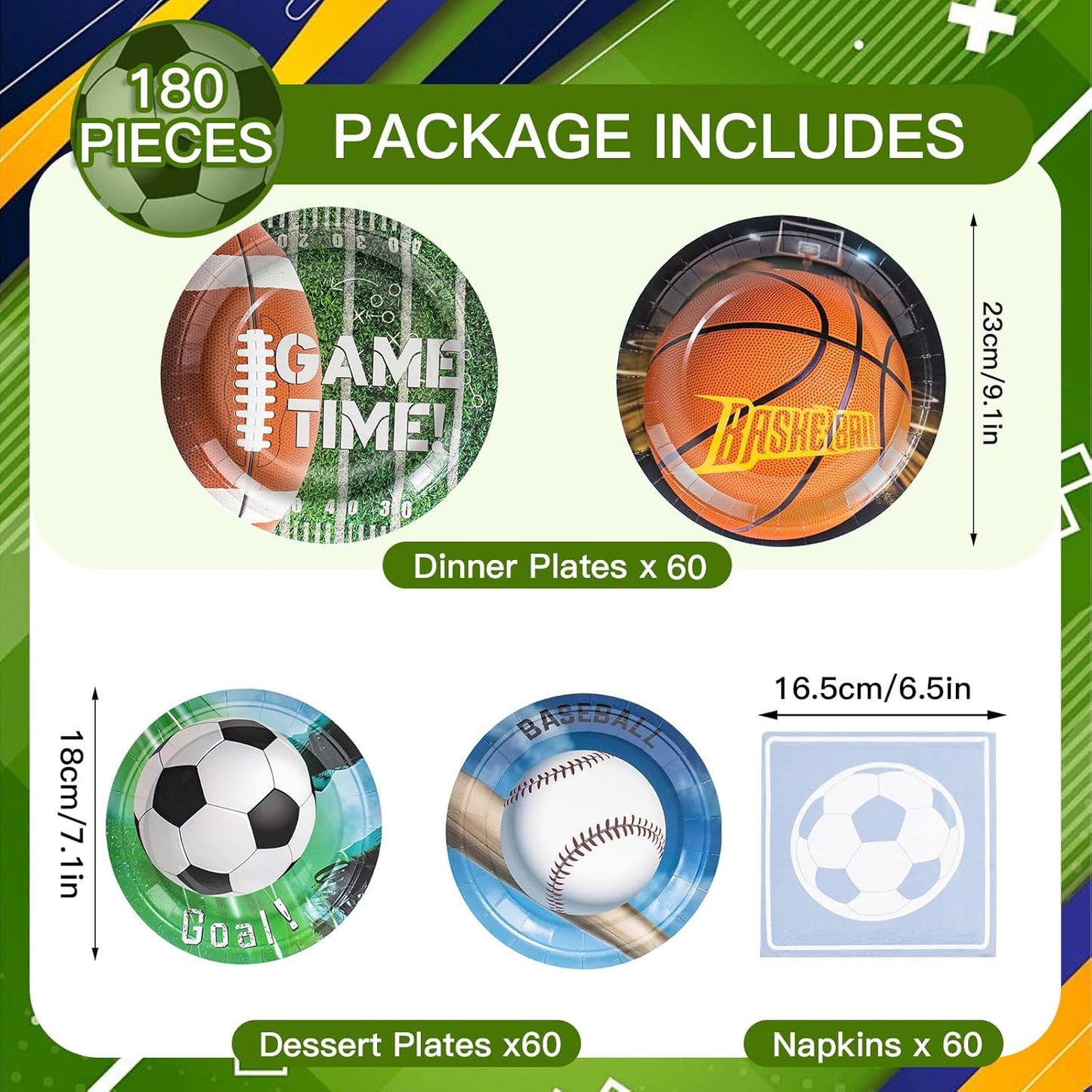 180Pcs Sports Party Supplies Paper Plates and Napkins Serve 60 Disposable Tableware Set for Birthday Party Decorations Game Day Family School Holiday Sports Events