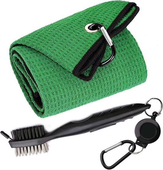 Golf Towels, Microfiber Waffle Pattern Tri-fold Golf Towel - Brush Tool Kit with Club Groove Cleaner, with Clip Men Women Golf Gifts (Green Towel+Black Brush)