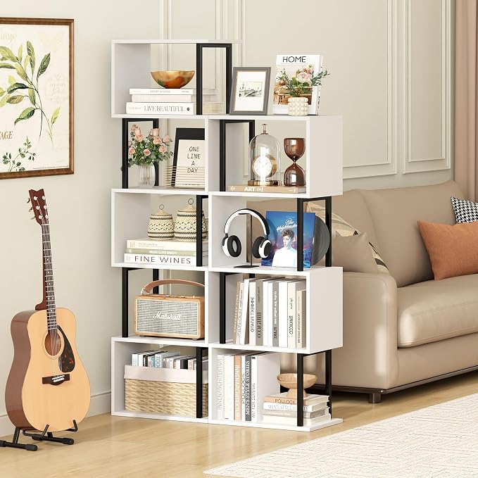 Yusong Bookshelf 5-Tier, Geometric Bookcase S Shaped Book Shelves - Image 2