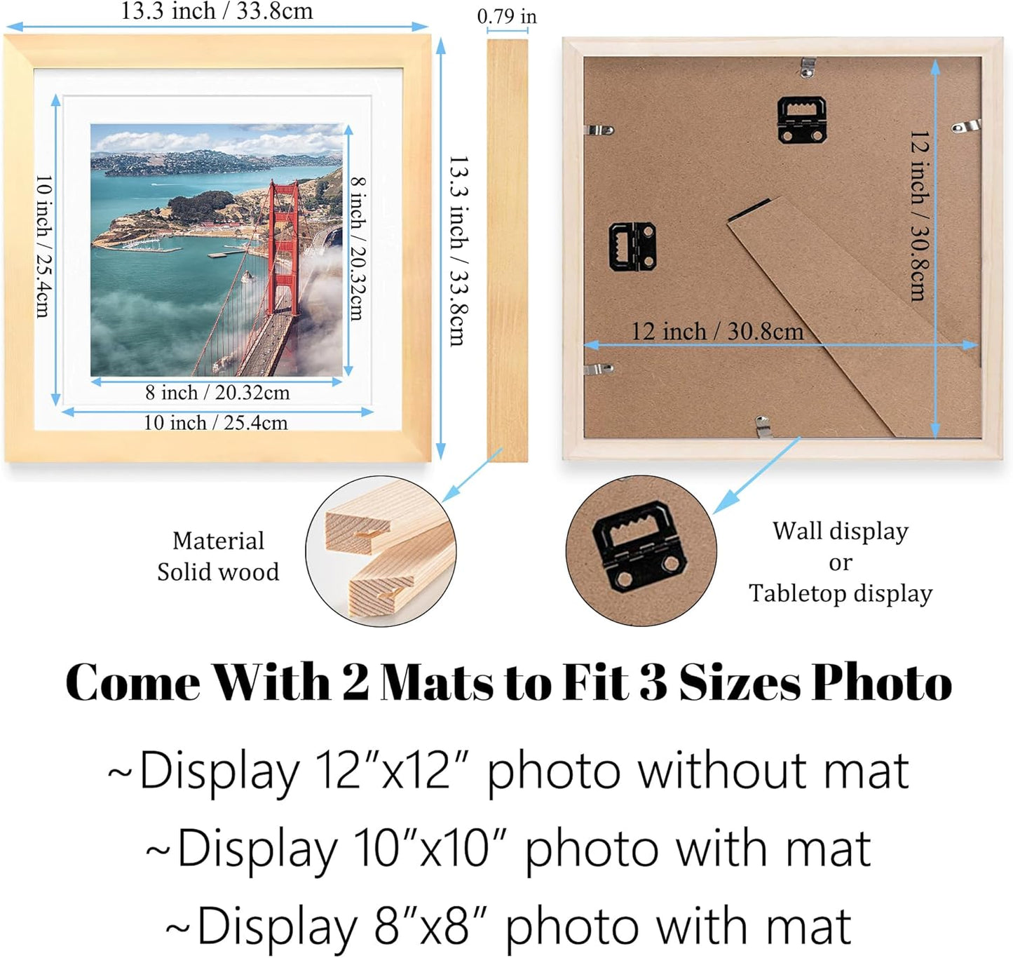 12x12 Wood Picture Frames for Wall Hanging or Tabletop,Diamond Painting Frame Baby Scan Picture Frames with 2 Mats Display 8x8 or 10x10 for Family Walls