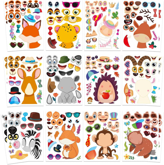 48 PCS Make a Face Stickers Sheets for Kids, Make Your Own Animal Mix and Match Stickers Sheets, Cute Animal Sticker for Birthday Party Favors Supplies Teacher Reward