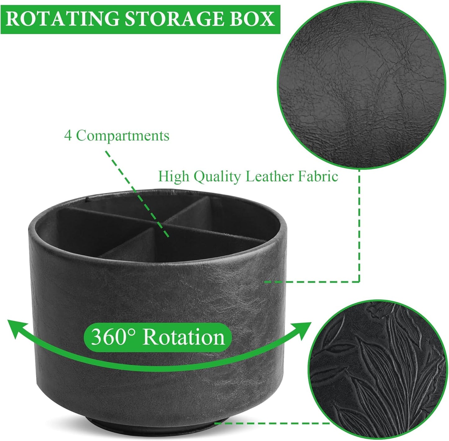 Hennaja Round Leather Art Supply Organizer,Remote Control Holder,360 Degree Spinning,Multi-Functional Pencil Holder,4 Compartments Desktop Stationary Organizer(1-Oil Black)