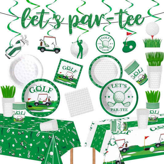 129Pcs Golf Party Supplies -Serves 20 Party Decorations With Plates Cups Knifves Forks And Napkins Tablecloth And Banner For Birthday Party Decorations Game Day Family School Holiday Sports Events