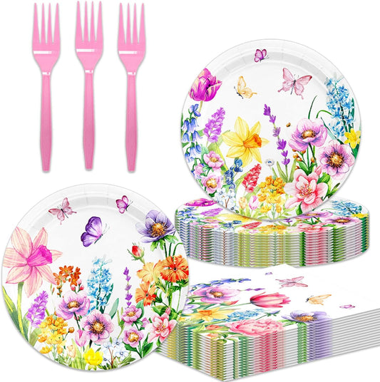 48Pcs Wildflower Party Decorations Disposable Vintage Floral Plates Napkins Forks Supplies for Birthday Decor Serves 16 Wildflower Baby Shower Decorations