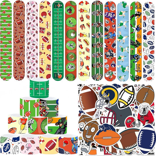 74Pcs Football Theme Party Favors Contain 24 Pcs Slap Bracelets 50Pcs Stickers, Sports Football Theme Birthday Party Decorations,Classroom Rewards Supplies.