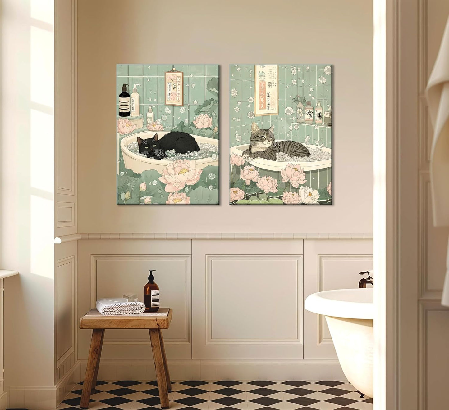 Japanese Cat Bathroom Canvas Wall Art Cute Funny Black and Tabby Cat Poster Prints Zen Lotus Style Painting Pictures Animal Bathtub Wall Decor for Bathroom Toilet Home & Spa Framed