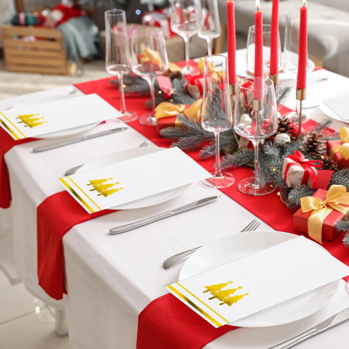 100 Pieces Christmas Napkins Disposable Christmas Gold Paper Napkins 7.8 x 4.3 Inch Decorative Guest Party Napkin White Gold Foil Xmas Tree Hand Towels for Winter Party Wedding Birthday