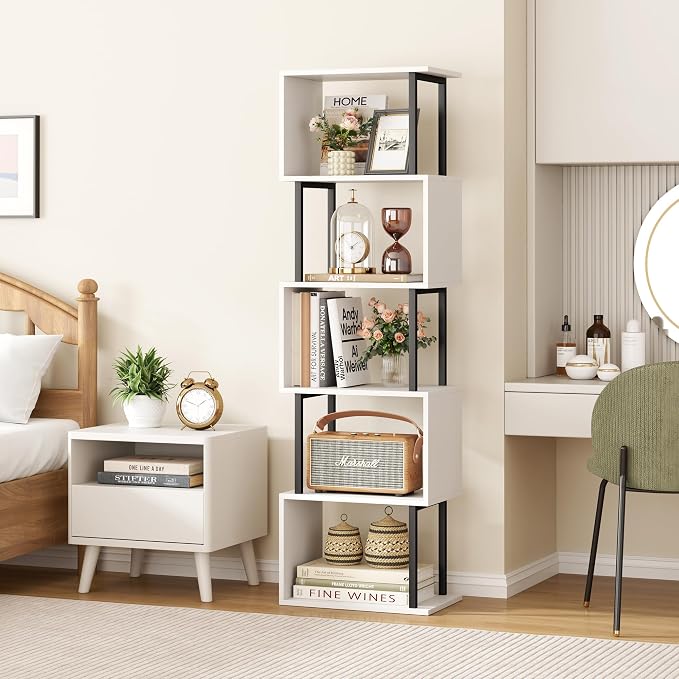 Yusong Bookshelf 5-Tier, Geometric Bookcase S Shaped Book Shelves - Image 7