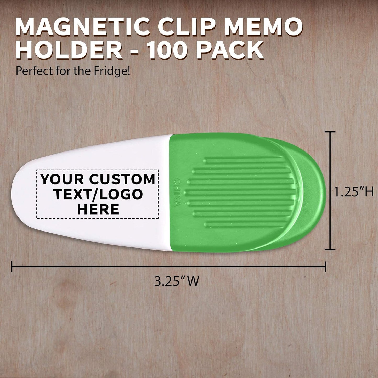 100 Magnetic Memo Holders Set - Customizable Text, Logo - Large Clip, Plastic - White Green