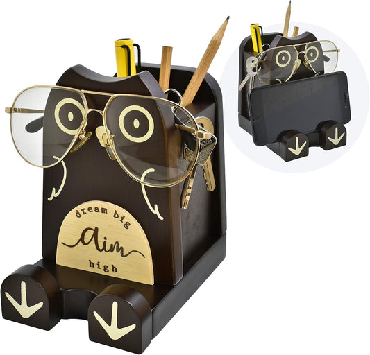I'm Wood Multipurpose Eyeglass Phone Pen & Pencil Holder Stand Stationery Desk Box Organizer Accessories, Home Office Desktop Decor Birthday Graduation Gifts “Dream Big Aim High” (Owl)