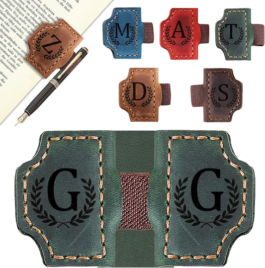 Bygone Mark Bookmark with Pen Holder, 26 Letters Name Initial Personalized Magnetic Bookmarks, Leather Book Mark for Men Women, Travelers Accessories, Teachers Readers Book Lovers Gifts (Green, G)
