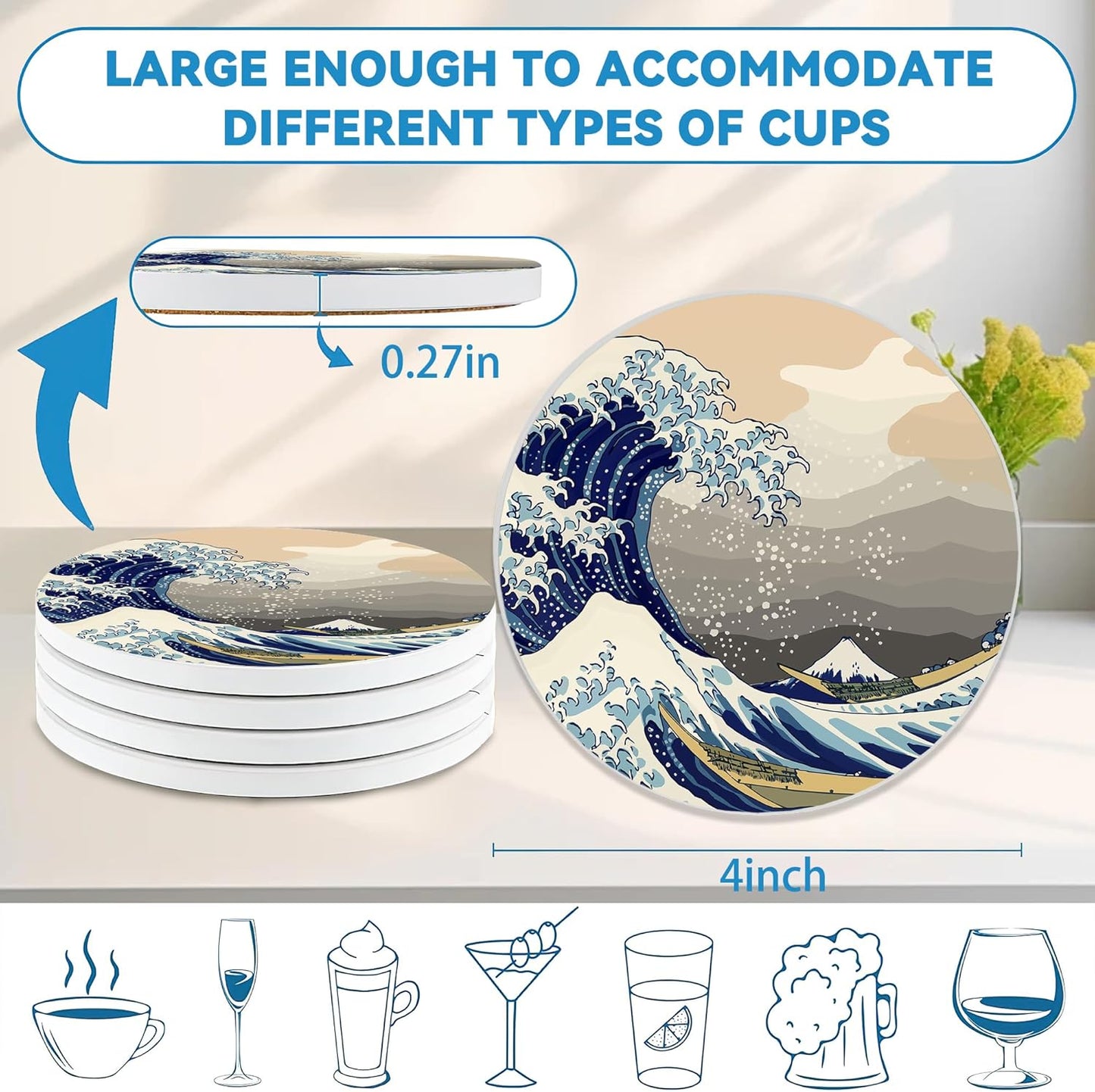 Japanese Style Waves Round 4" Cup Coasters Set of 4, Absorbent Ceramic Coasters with with Cork Backing, Table Home Decor, Gifts for Women Men