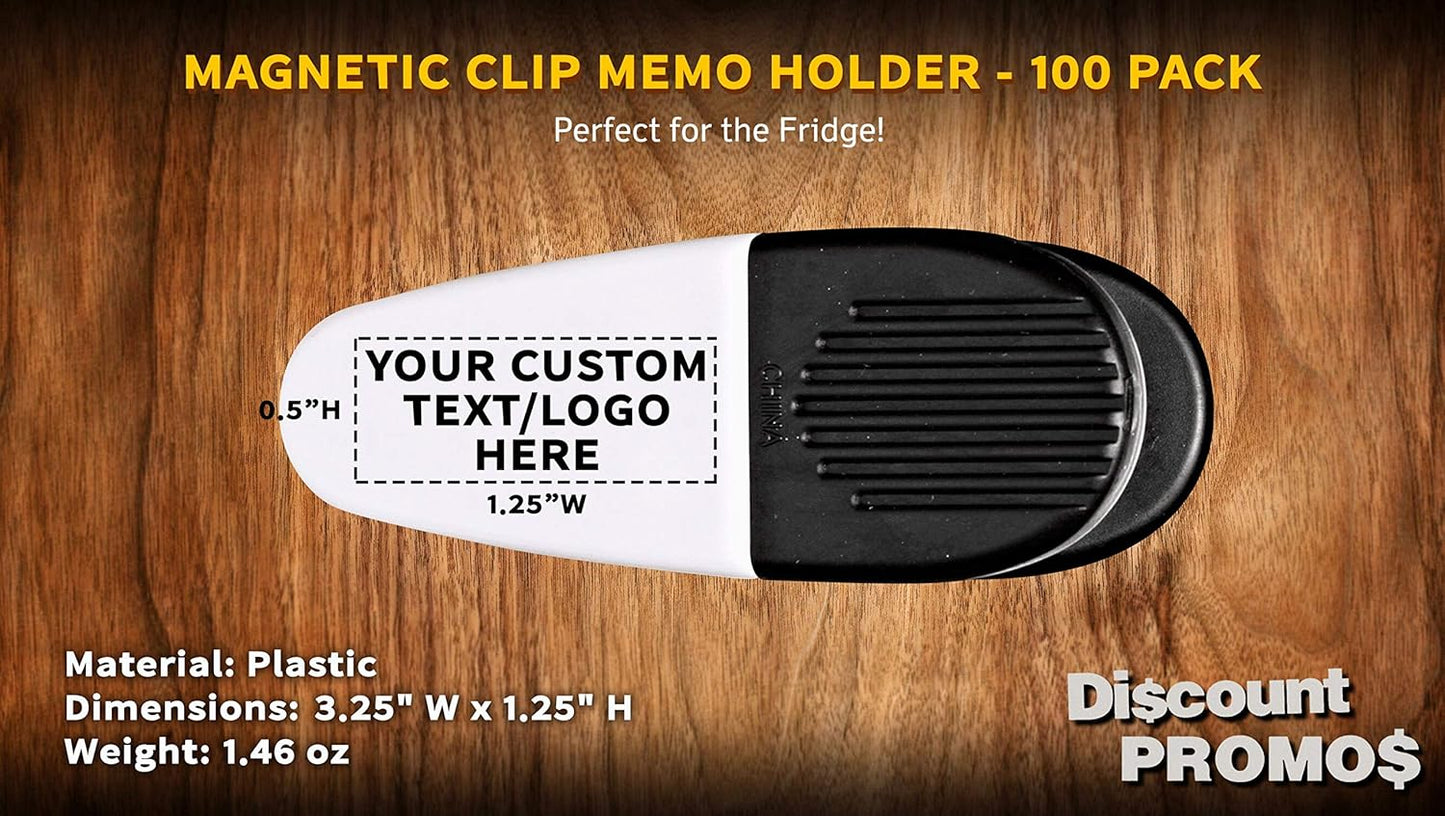 100 Magnetic Memo Holders Set - Customizable Text, Logo - Large Clip, Plastic - White Black