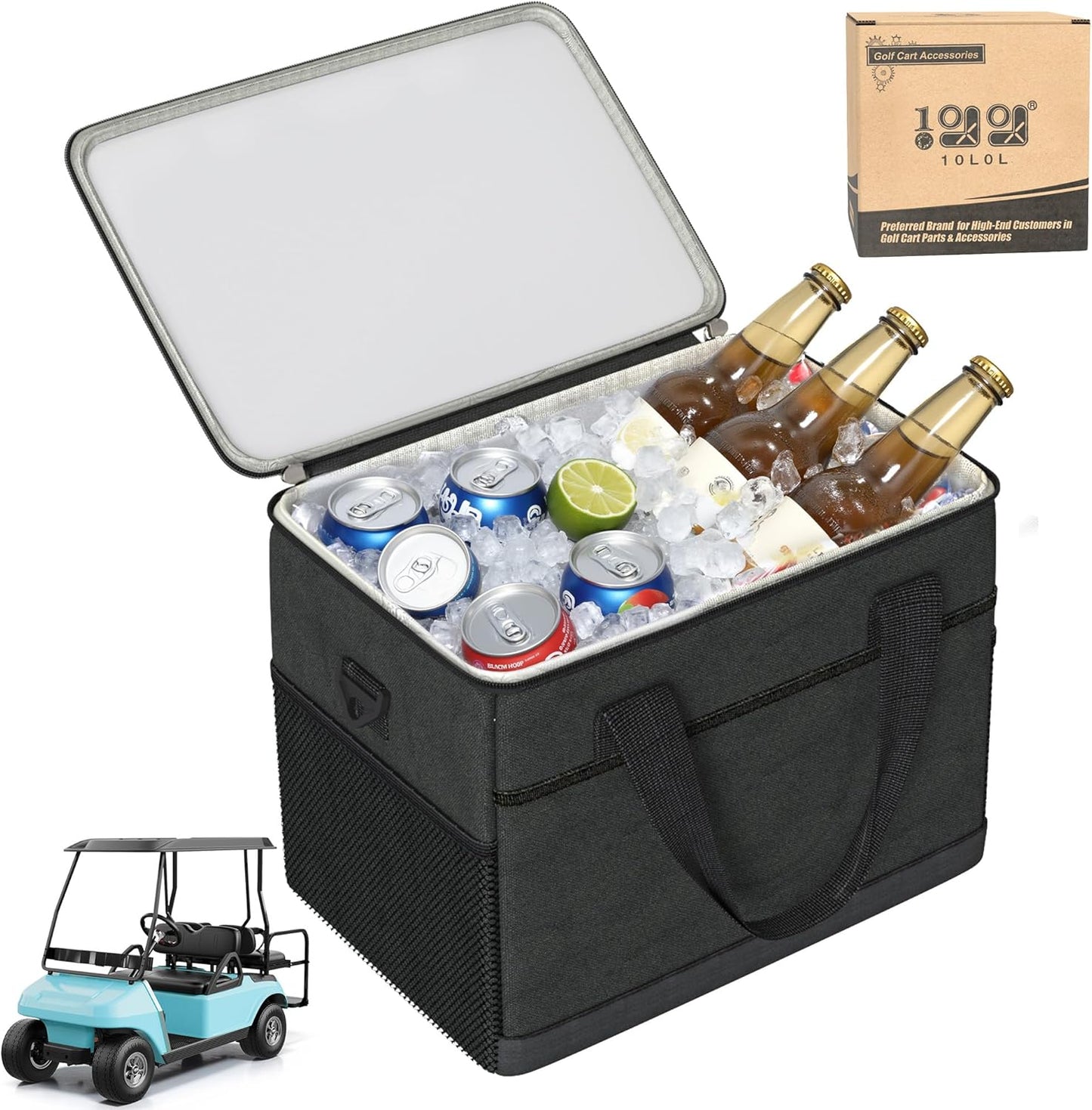 10L0L Golf Cart Ice Bag, 27L Large Capacity Waterproof Oxford Cooler with Multi-Pocket Design, 6-Hour Insulation, Easy Access & Lightweight for Yamaha EZGO Club Car Golf Cart Accessories (Black/Gray)