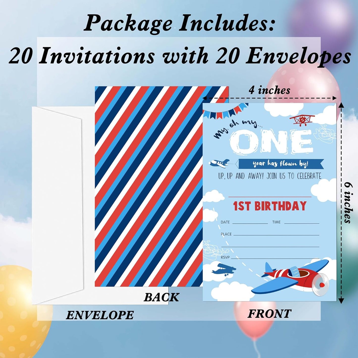 1st Birthday Invitations, 20 Invitation Cards with Envelopes, Airplane Invites for Party Decorations Favor Supplies - A20