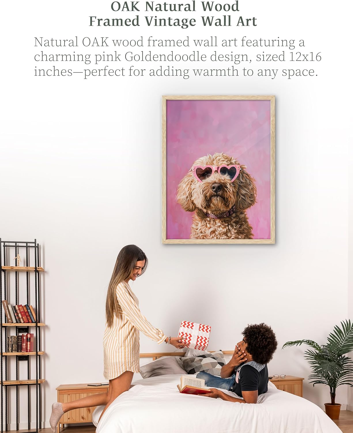 iHery Natural OAK Wood Pink Goldendoodle Dog Framed Wall Art, 12x16 in Funky Preppy Heart-Shaped Glasses Canvas Wall Art Decor For Bedroom, Cute Dog Prints Apartment Bathroom Living Room Set of 1