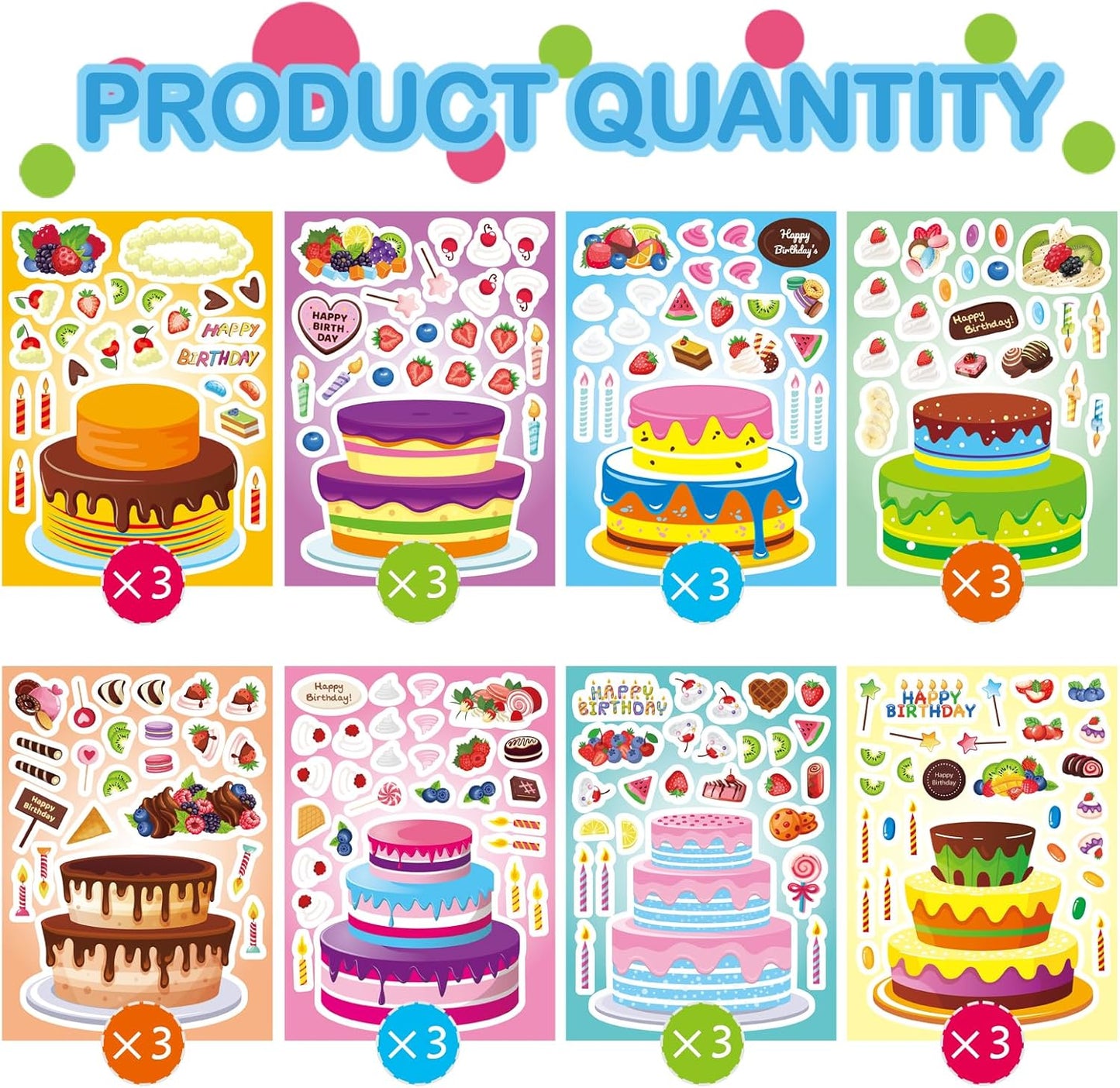 24 Sheets Birthday Stickers, Make-a-Cake Sticker for Kids Make Your Own Birthday Cake Stickers with Fruit Candy Candle, Happy Birthday Sticker Classroom Teacher Reward Stickers, Birthday Gift for Kids