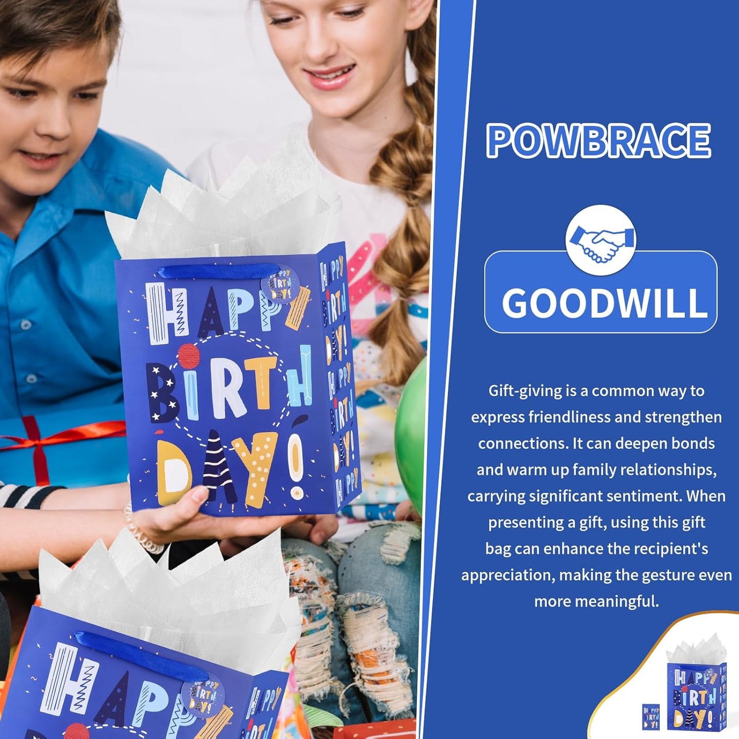 13" Blue Happy Birthday Bag with Tissue Paper and Greeting Card for Party,Happy Birthday Gift Bag for Kids, Boys, Girls, Baby Boy,Men Women,Gift Bags Medium size (2 PCS Blue, Kids Gift Bag)