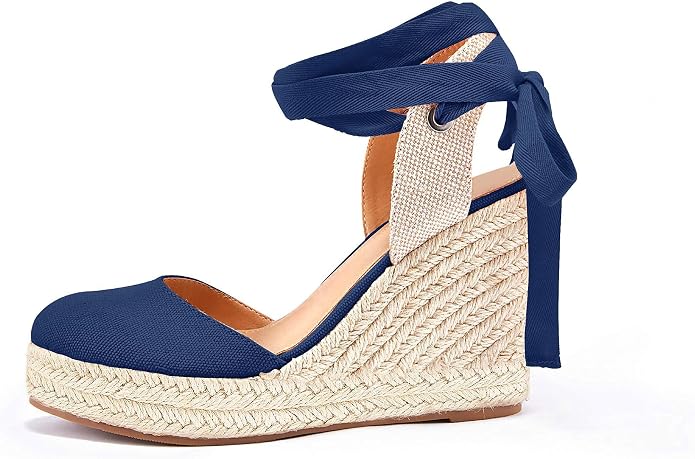 FISACE Womens Summer Espadrille Heel Platform Wedge Sandals Ankle Buckle Strap - Image 2