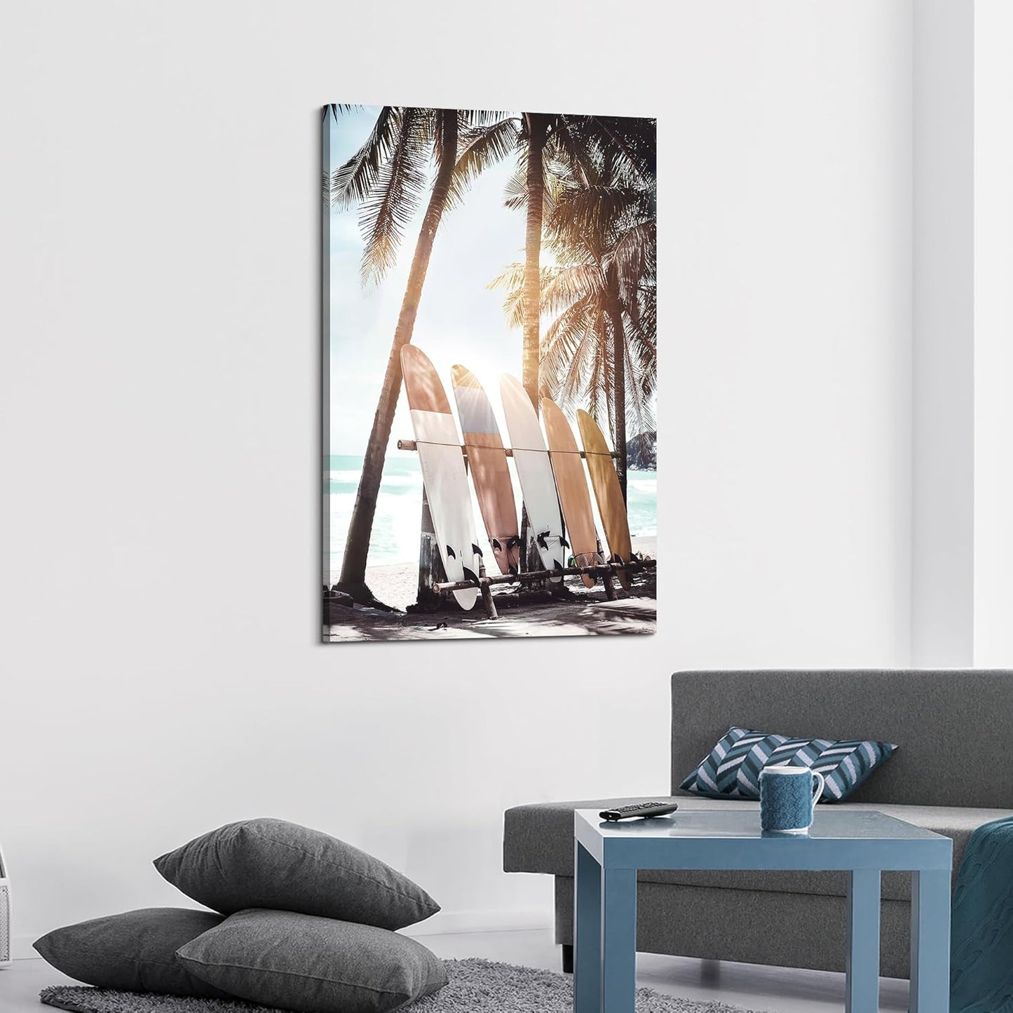 Hardy Gallery Palm Tree Wall Art Surfboard Pictures: Beach Scene Painting Coastal Wall Decor Seaside Artwork Surfing Ocean Print in Beach Canvas for Bedroom 36"x24"
