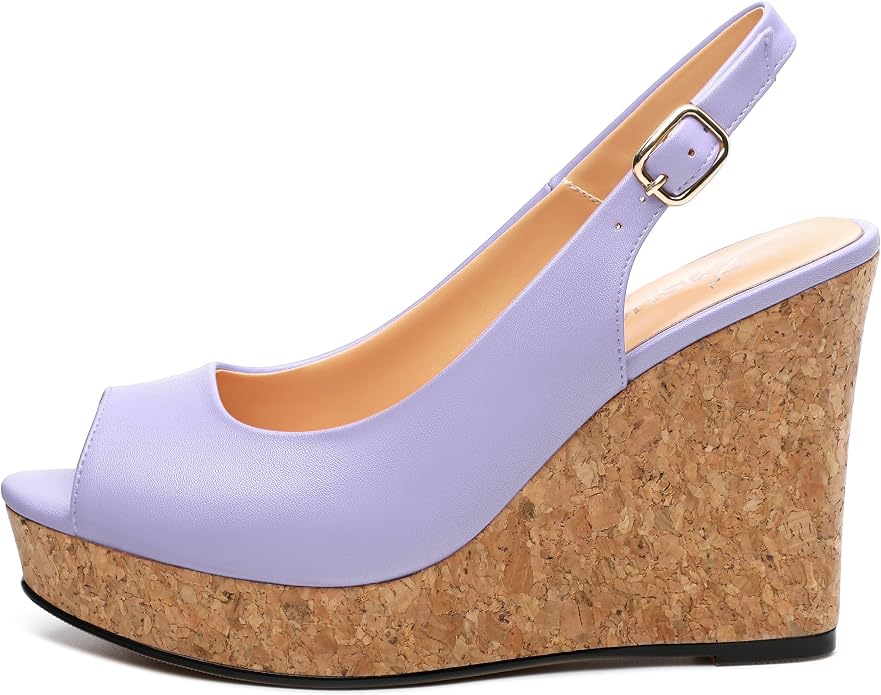 Womens Peep Toe Wedge Heels Matte Fashion Cork Slingback Pumps Platform Wedge - Image 2
