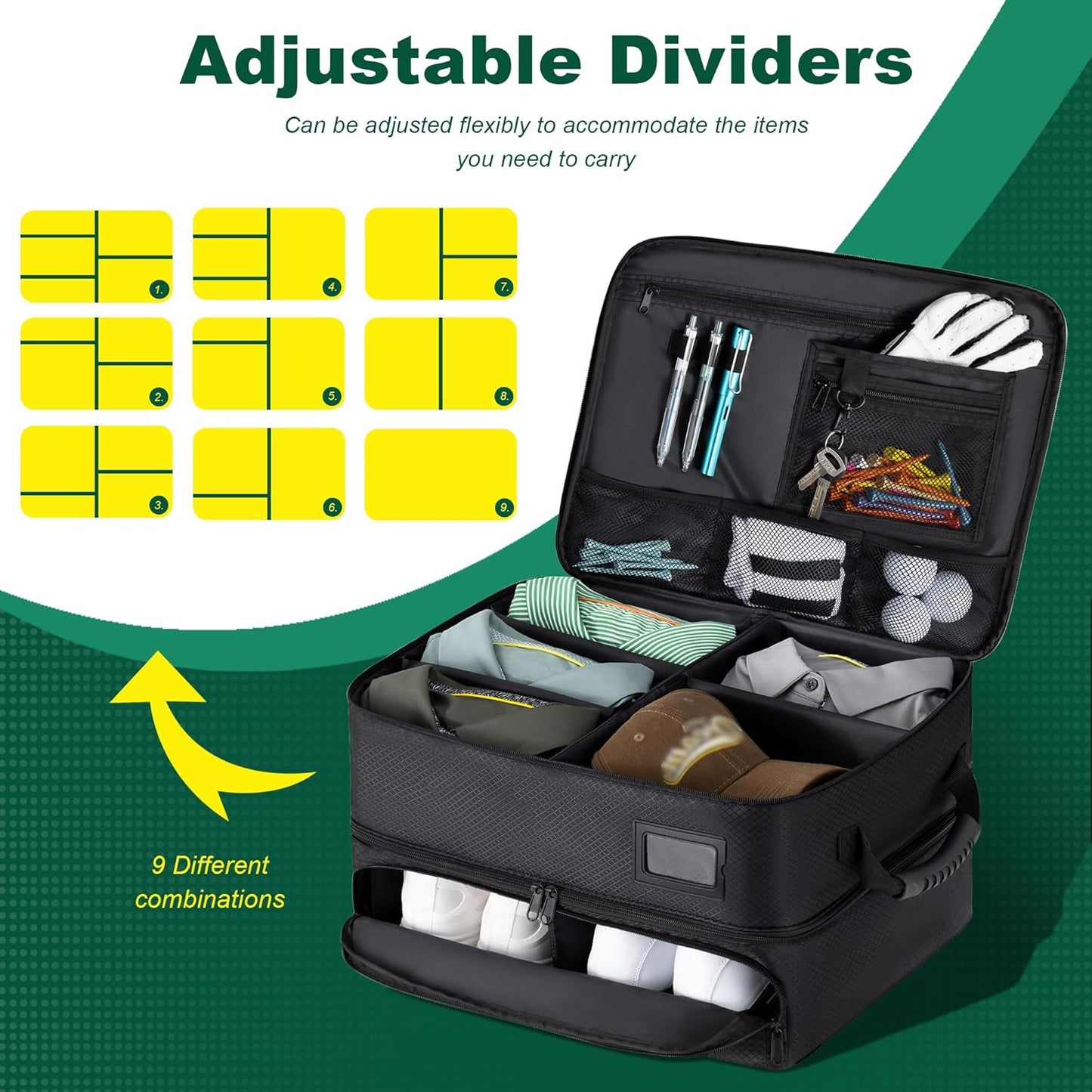 HIMAL HIMAL 2 Layer Golf Trunk Organizer, Golf Gifts for Men with Separate Ventilated Compartment, 2-Pair Capacity, Waterproof SUV Car Locker for Balls, Tees, Clothes, Gloves, Accessories, Golfer Gift