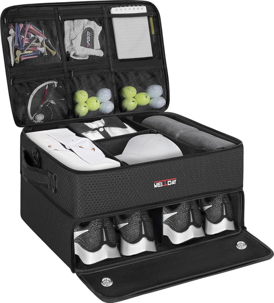 ANILD Golf Trunk Organizer, 2 Layer Golf Storage Case with Separate Ventilated Compartment for 2 Pair Shoes, for Balls, Tees, Clothes, Gloves, Accessories, Golfer Gifts