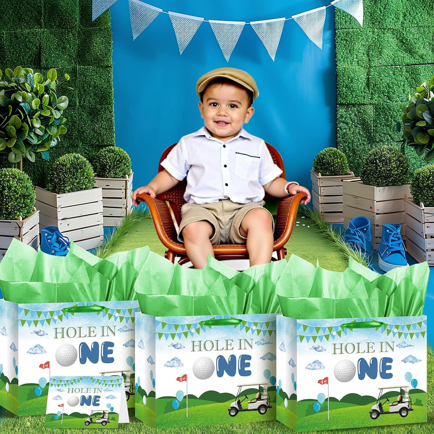 Hole in One Birthday Decorations Hole in One Gift Bag Golf First Party Bag Green 1st Birthday Wrapping Bag with Greeting Card and Tissue Papers for Boys Girls Newborn Baby Shower One Year Old Themed Bday Party Supplies