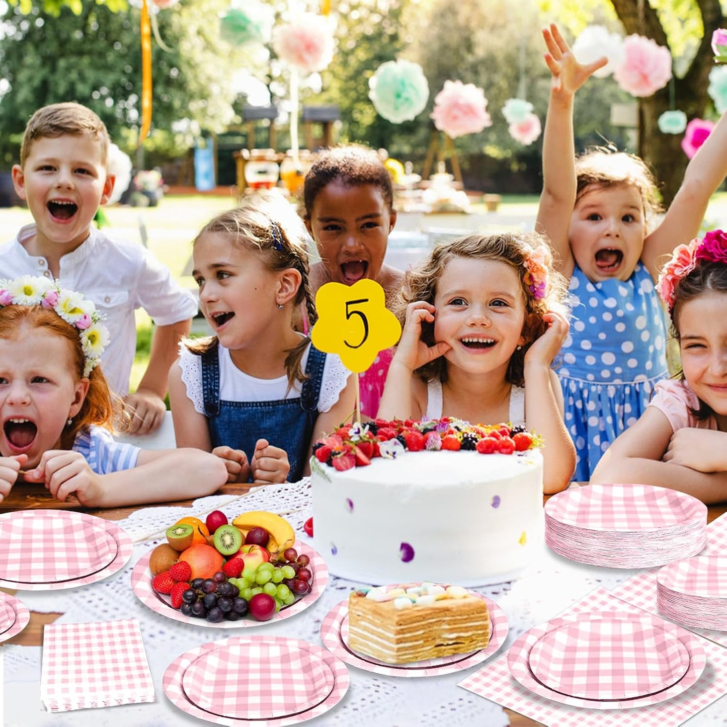 180Pcs Pink Gingham Party Supplies Paper Plates and Napkins Serve 60 Disposable Tableware Set for Birthday Party Decorations Game Day Family School Holiday Sports Events