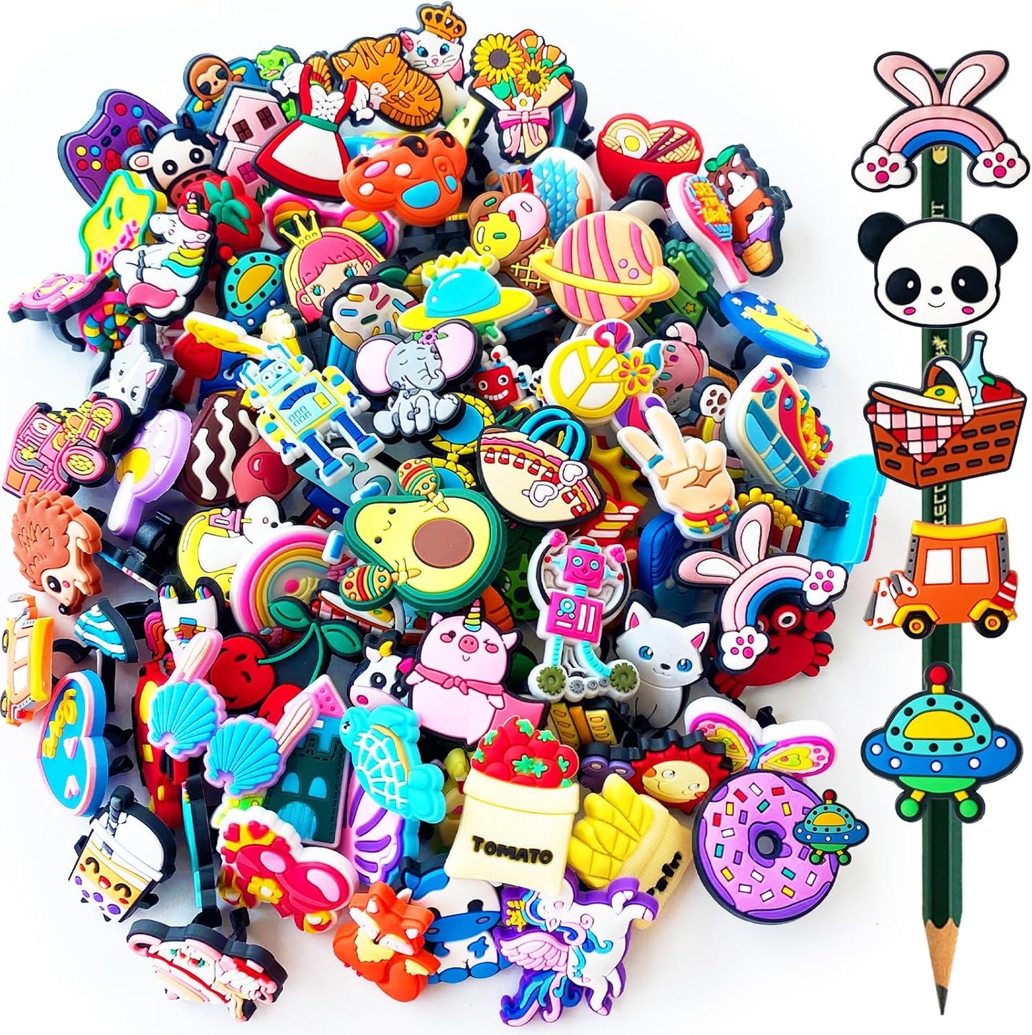 100 Pcs Cute Pencil Topper Decoration,Bulk Random Pencil Topper Accessories,Different Pencil Clips Decorations for Pupil/Junior Students Gifts,Awards,Prize