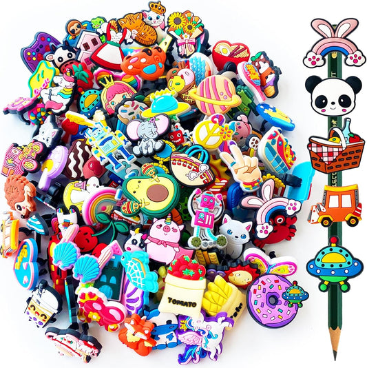 100 Pcs Cute Pencil Topper Decoration,Bulk Random Pencil Topper Accessories,Different Pencil Clips Decorations for Pupil/Junior Students Gifts,Awards,Prize