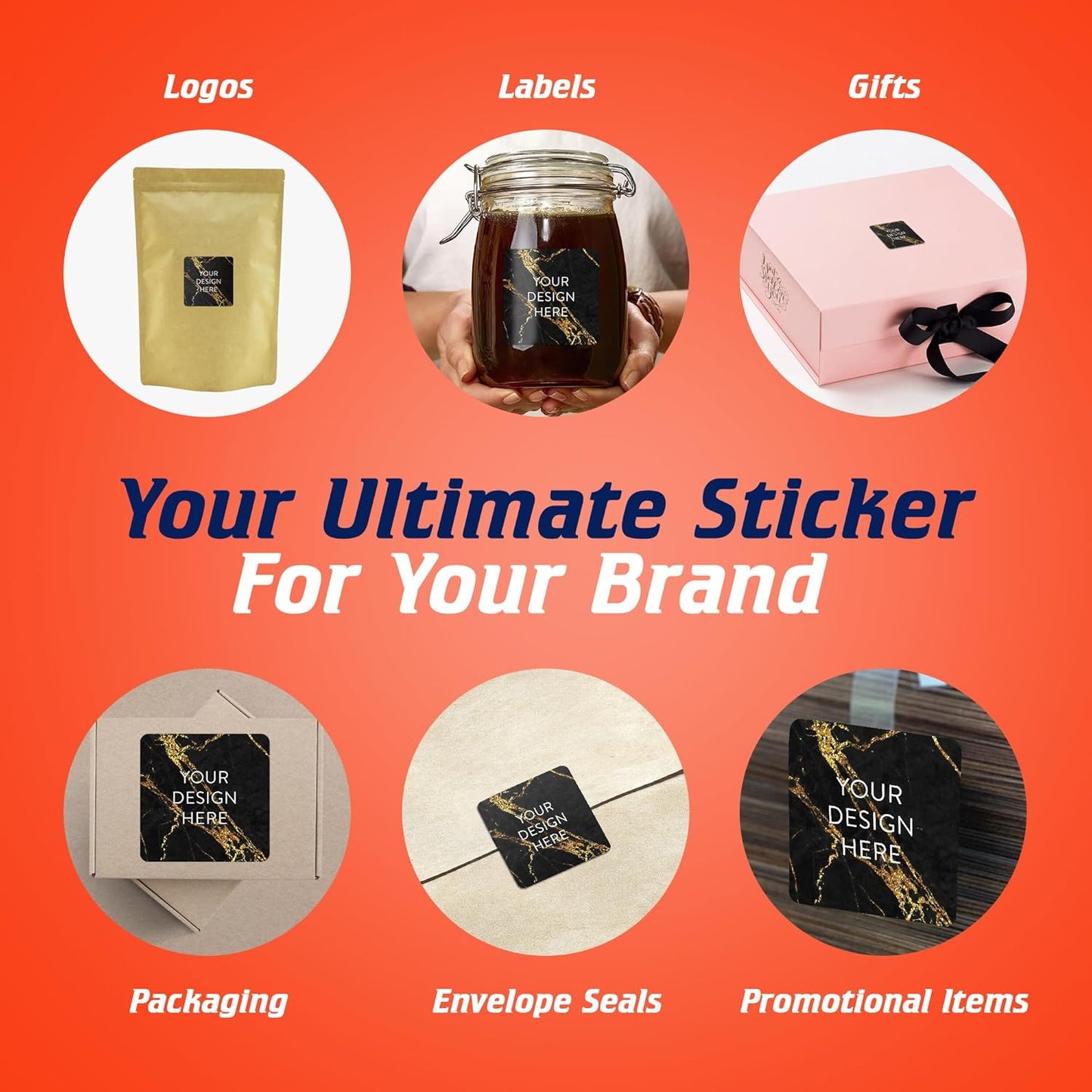 100 Custom Vinyl Stickers - Upload Your own Image, Text, Design, Logo - Personalized Logo Labels for Handmade, Packaging, Bottle, Jars, Candle, Brand Stickers (Black Gold Marble, 5x5 Square)