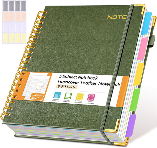 Hardcover Large Spiral Notebook 8.5" x 11" with Removable Dividers Tabs, 300 pages Leather 5 Subject Notebook College Ruled, A4 Journal for Women Men, Notebooks for Work School Note taking, Green