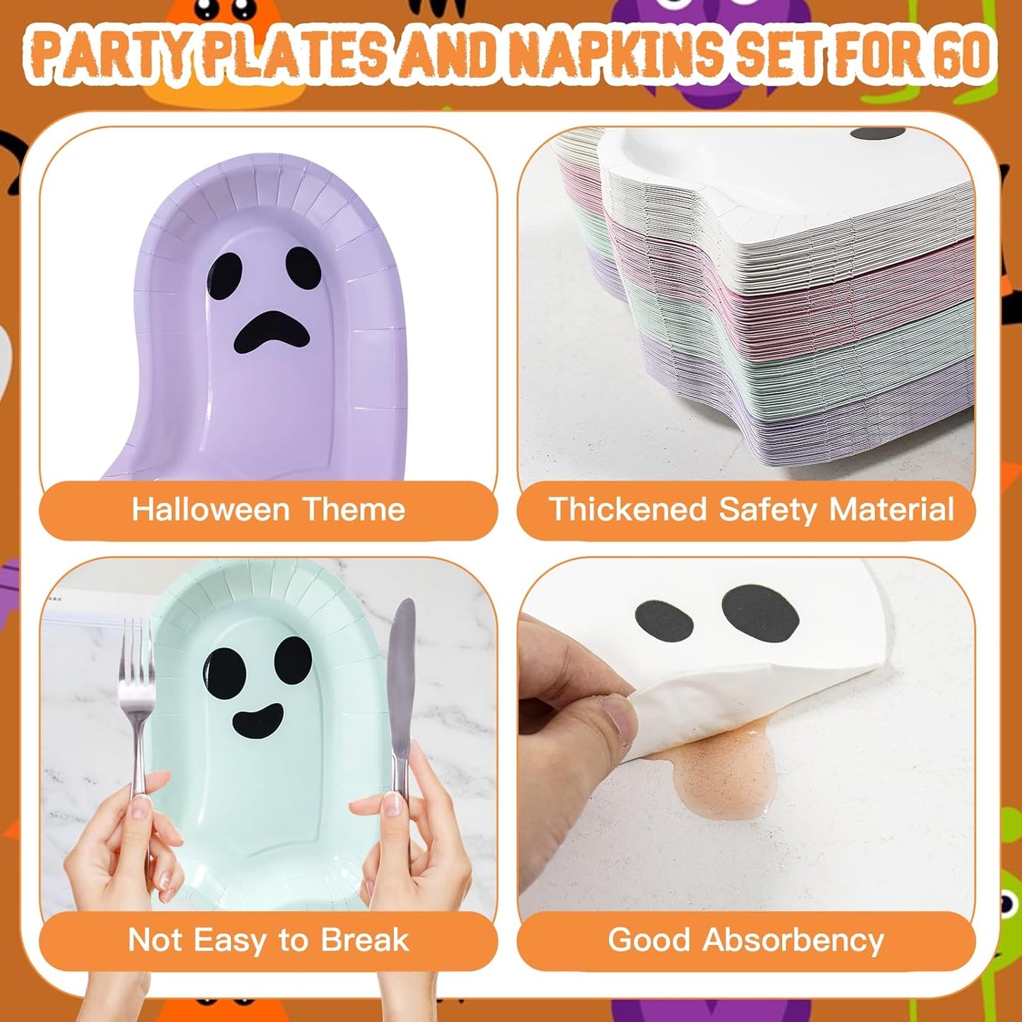 180Pcs Halloween Ghost Party Supplies Paper Plates and Napkins Serve 60 Disposable Tableware Set for Halloween Birthday Party Decorations Family School Holiday Events
